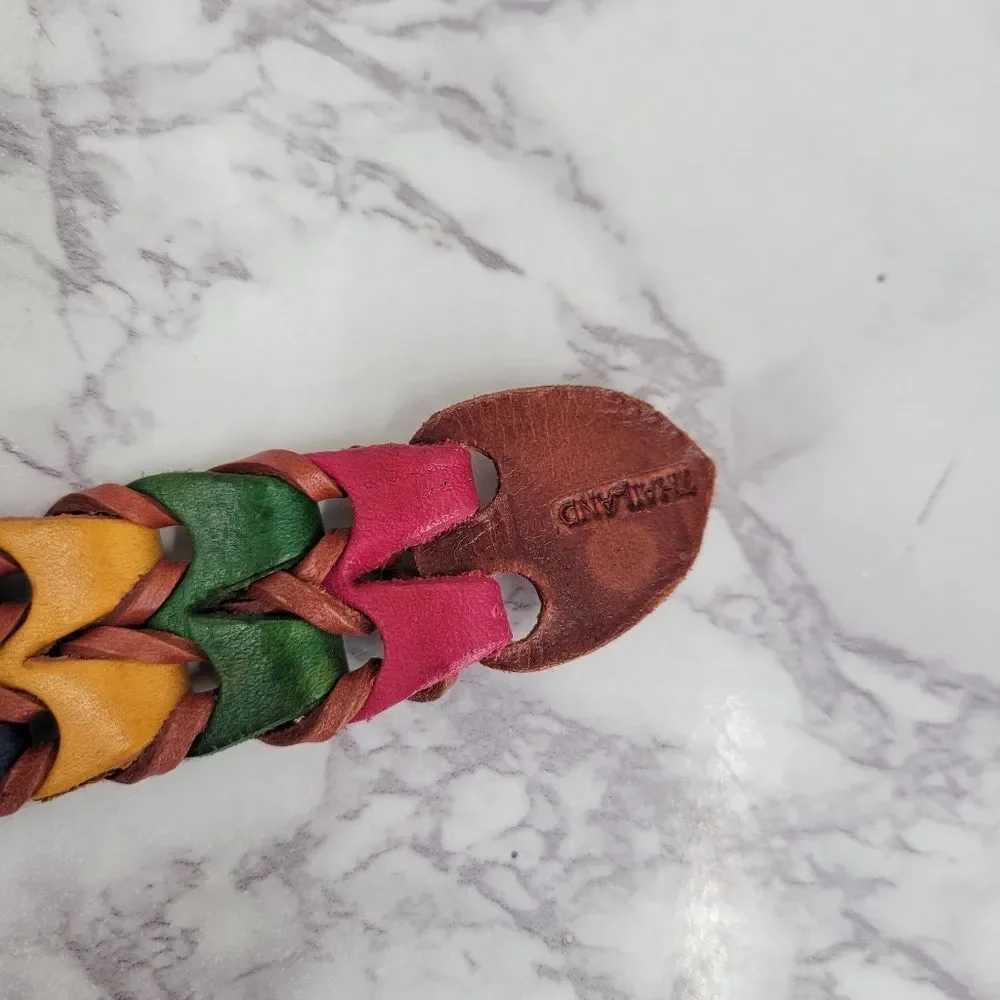 Vintage Woven Multicolor Leather Belt with Gold Tone Buckle